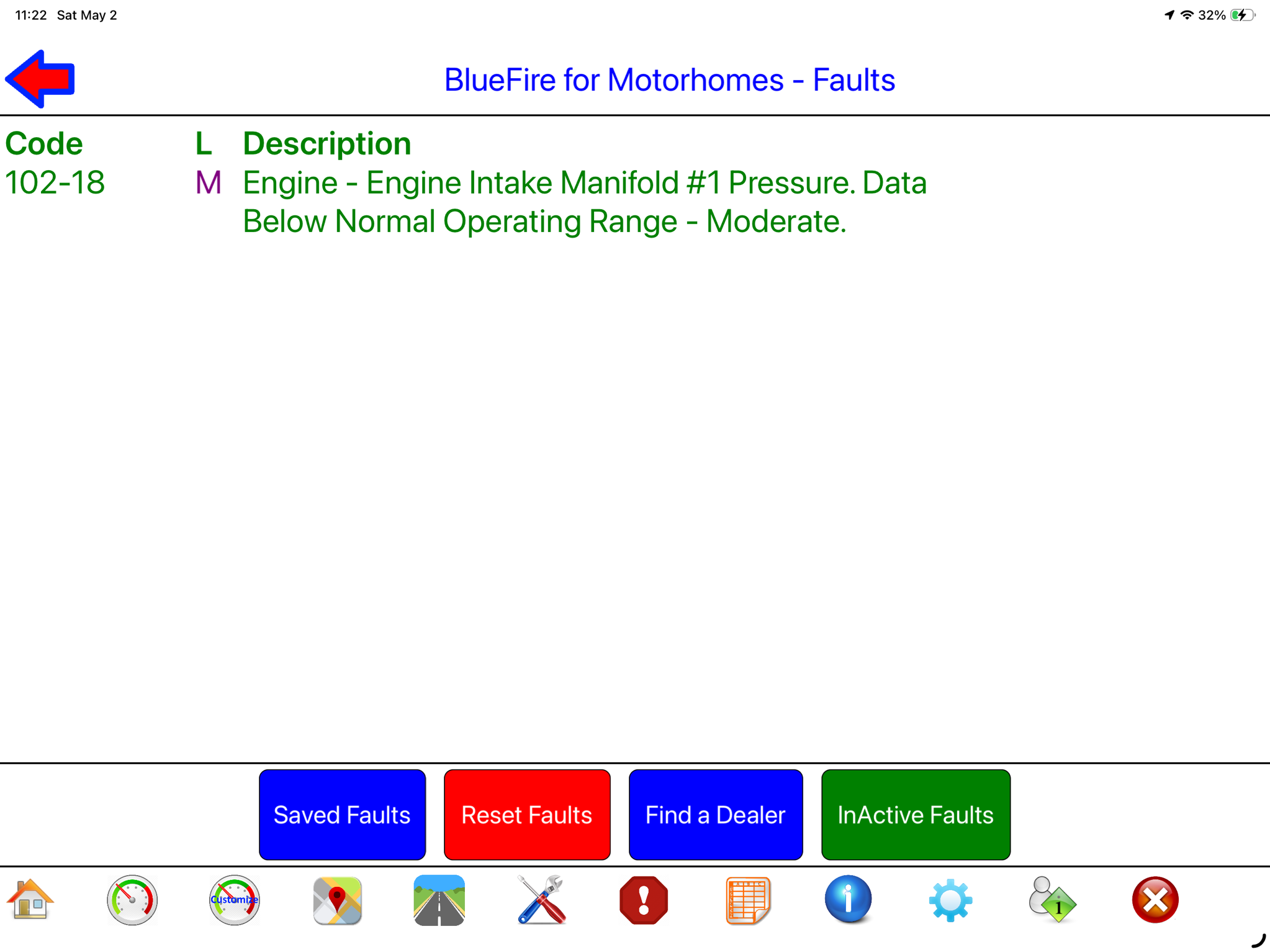 BlueFire faults screen for ECM SPN 102 FMI 18