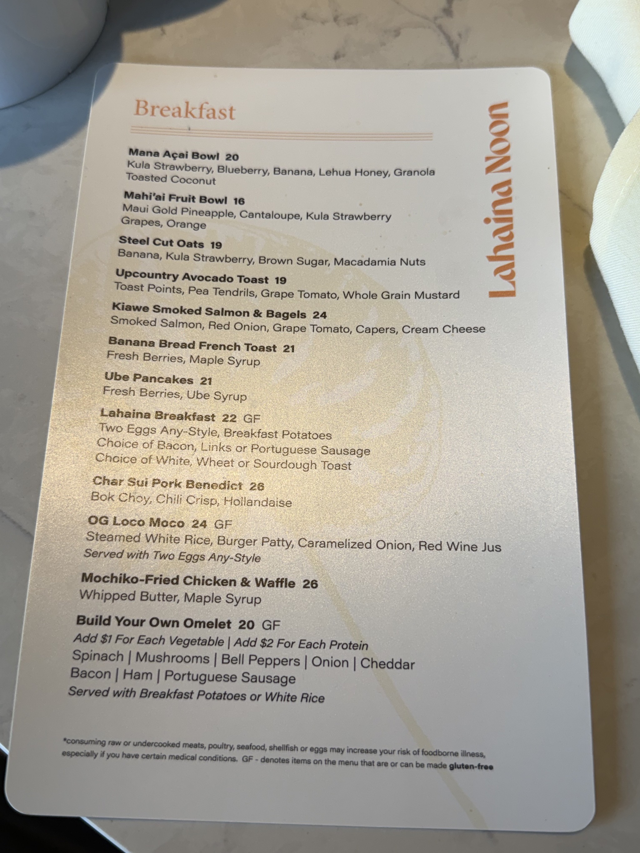 Breakfast menu